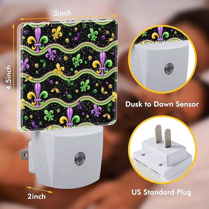 Mardi Gras Horizontal Wavy Stripes Night Light with Dusk to Dawn Sensor, LED Night Light for Bedroom, Kitchen, Bathroom, Hallway, Nursery, Stairs