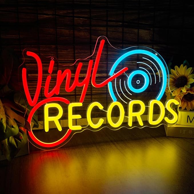 Neon Record Sign - Vintage Record Store Retro Light, Vinyl Record Decor LED Sign for Music Room, Home Studio & Man Cave, Retro Wall Art Gift for Audiophiles and Collectors(16.8 * 10.9inch)