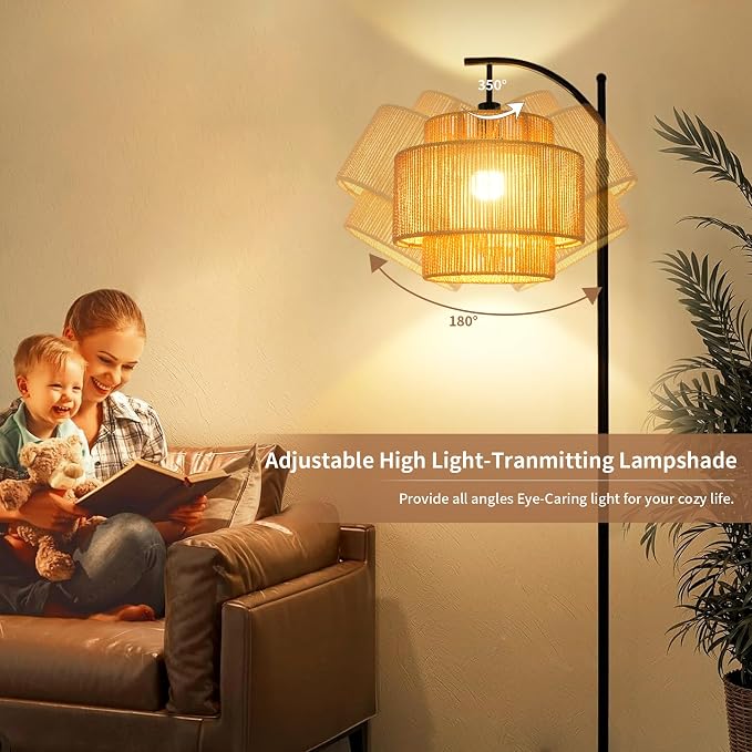 ILLMTW Rattan Floor Lamp for Living Room Bedroom Boho Arc Standing Lamp with Remote Dimmable Black Farmhouse Wicker Bamboo Lamp Shade Floor Light Tall Lamp Industrial Floor Lamps Bohemian Decor