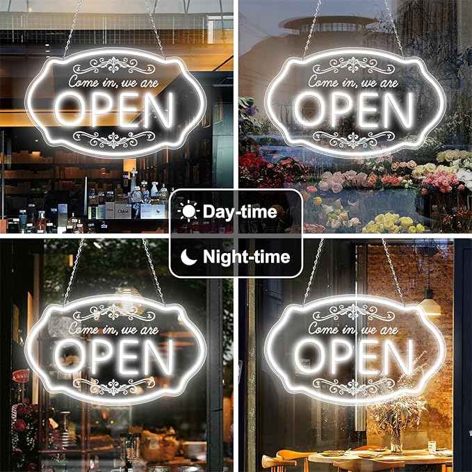 LED Neon Open Sign for Business, 16.5x10'' Come in We’re Open Sign, Daylight White Adjustable Brightness Neon Lights for Party, Bar, Salon, Stores, Hotel, Wall Decor, Clubs, Hotels