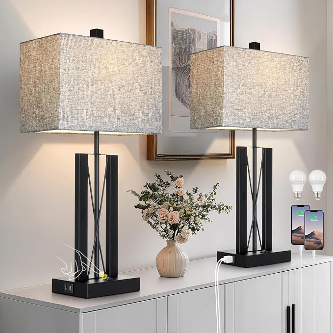 Lolikit 25" Table Lamps Set of 2, Modern Table Lamp for Living Room with 2 USB Charging Ports, Nightstand Geometric Industrial Bedside Lamp with Gray Shade for Bedrooms End Table Decor, Bulbs Included