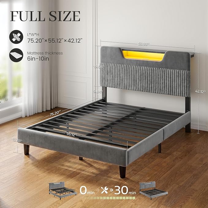 Homkdom Full Bed Frame with Charging Station & Storage Headboard,Grey | 1USB-C & 2USB-A Charging, RGB LED Lights,7.78" Under-bed Storage,Velvet Upholstered Headboard,No Box Spring,Easy Assembly.