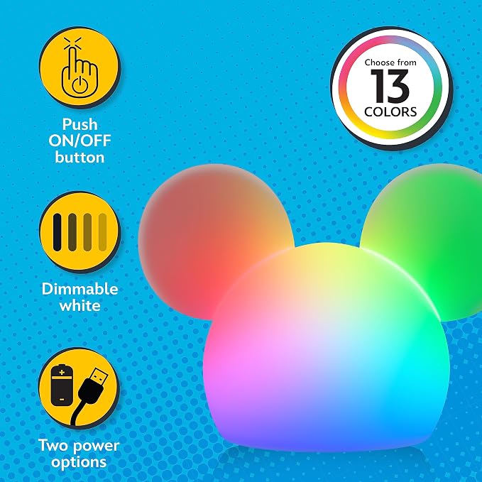 Disney Mickey Mouse Squishy Light, Color Changing, Night Light for Kids, USB Lamp, Battery Operated, Dimmable, Ideal for Bedroom, Playroom, Living Room, and More, 66944 (Pack of 8)