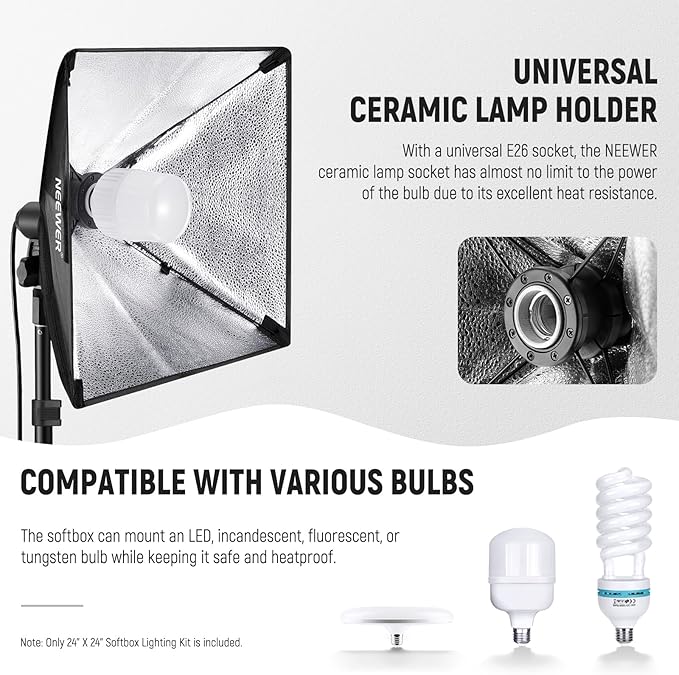 NEEWER 350W Equivalent Softbox Lighting Kit, 5700K LED Light Bulb, 24x24 inches Softbox with E26 Socket, Photography Continuous Lighting Kit, Photo Studio Equipment, NK300