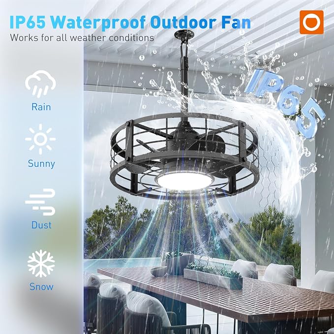 addlon 20" Outdoor Ceiling Fan with Light for Patio, IP65 Plug in Caged Fan | Waterproof, Hanging Hook, Reversible DC Motor, 6 Speeds, Remote Control, Quiet Operation, Timer, for Gazebo, Patio, Porch