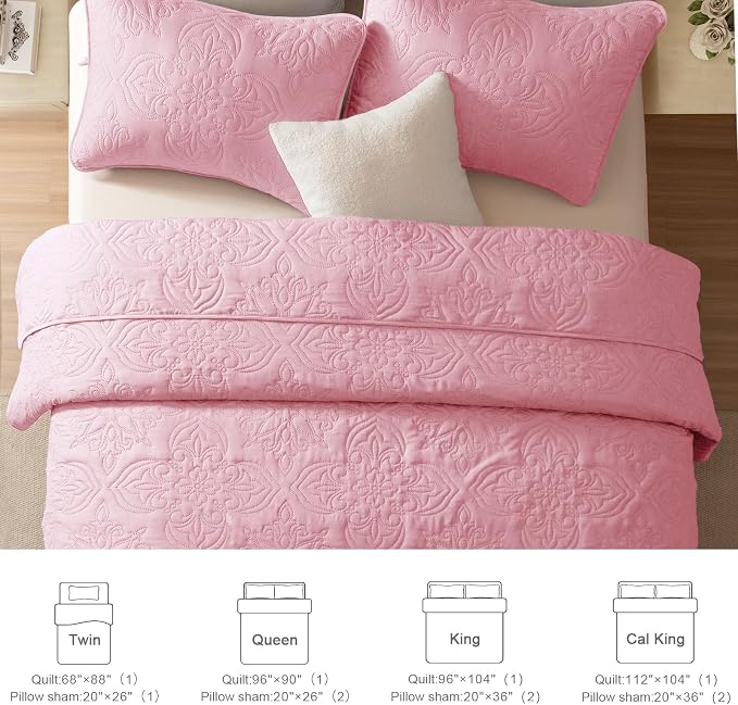 Whale Flotilla King Quilt Bedding Set Vintage Damask Reversible Bedspread | Suitable for Bed, 3 Pieces Pink Lightweight Breathable Quilt King Size, Ultrasonic Coverlet Bed Cover with 2 Pillow Shams
