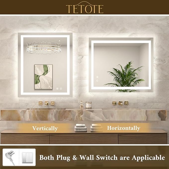 LED Light up Bathroom Mirror Wall Mounted 48 x 24 Inch Brighter Front and Backlit Lighted Bathroom Vanity Anti Fog Mirror with Lights, 3-Color Dimmable Illuminated, Waterproof