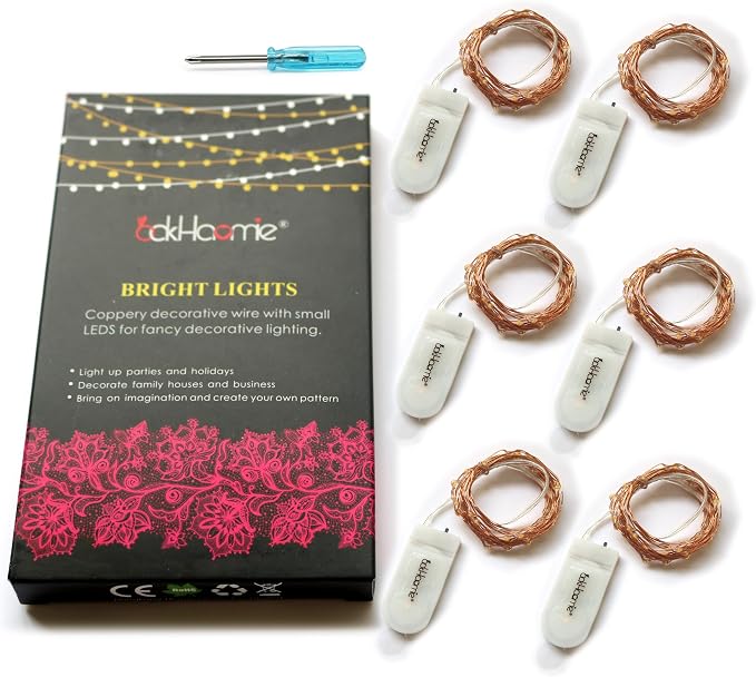 6 Pack 7Ft Starry String Lights No Remote Fairy String Lights,20 LED Amber | 20 Micro Starry Amber LEDs,Waterproof Copper Wire,CR2032 Battery Included,DIY Wedding Centerpiece,Party,Christmas Table Decor