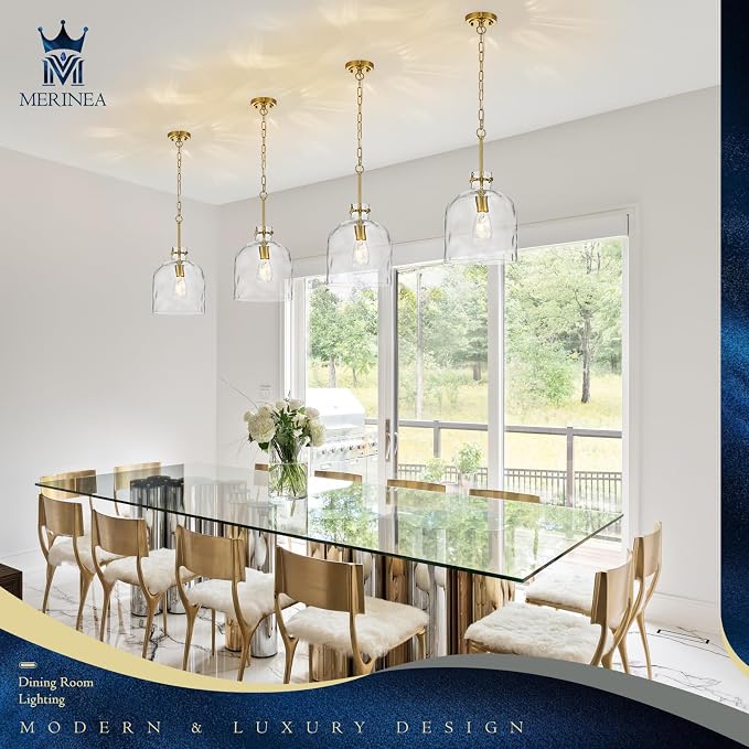 Modern Gold Pendant Light – 10" Dome Glass Hanging Light Fixture, Single E26 Pendant Lighting for Kitchen Island, Dining Room, Bedroom, Hallway, Adjustable Ceiling Lamp