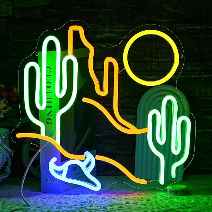 Desert Cactus Neon Sign for Wall Decor Desert Neon Light Sun LED Neon Sign Cactus Neon Light Up Sign for Bedroom Living Room Hotel Bar Scenic Area Decoration(13.7"*12.9")