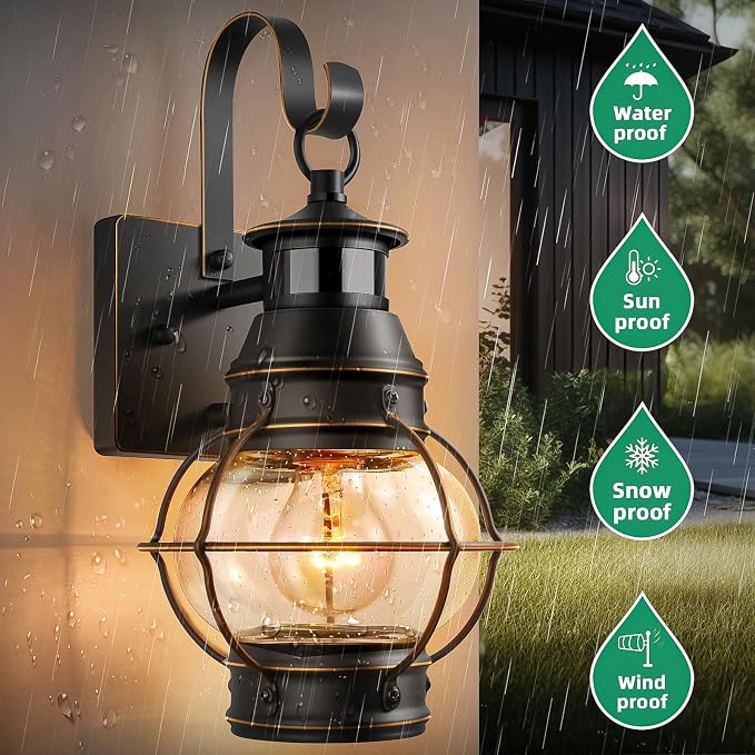 Lamomo Outdoor Wall Sconce,2 Pack Black Dusk to Dawn Motion Sensor Light Fixtures,Exterior Aluminum Waterproof Porch Lights for House Patio(No Bulb)