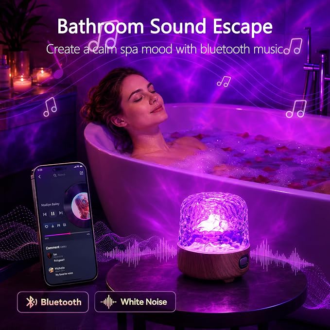 Waterproof Shower Light with Bluetooth Speaker, 16 Colors Shower Lamp with Remote & Touch Control, Rechargeable Ocean Wave Projector Light No Wiring, Mood Lighting for Inside Shower, Bathroom, Bathtub