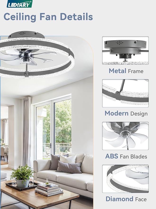 LEDIARY Ceiling Fans with Lights and Remote, 20'' Low Profile Ceiling Fan with Light, 3000-6000K Dimmable Fandelier Ceiling Fans, Modern Flush Mount Fan Light for Bedroom with 6 Wind Speeds-Sandy Gray | 3000-6000K Dimmable LED, 6 Wind Speeds, Quiet Rev...