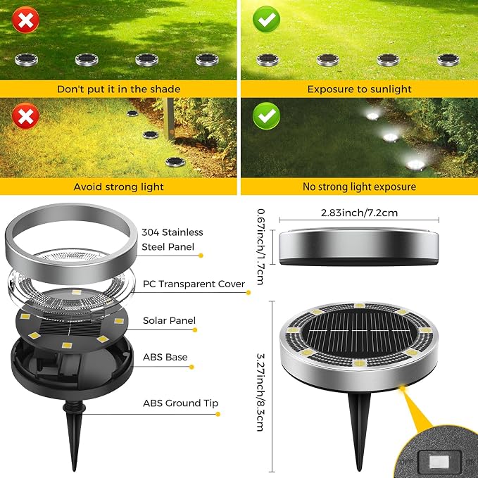 24 Pack Solar Ground Lights Outdoor, 8 LED Mini Flat Solar Disc Lights, IP65 Waterproof Pathway Lights Solar Powered, Landscape Lighting for Garden Walkway Driveway Yard Lawn,Cool White
