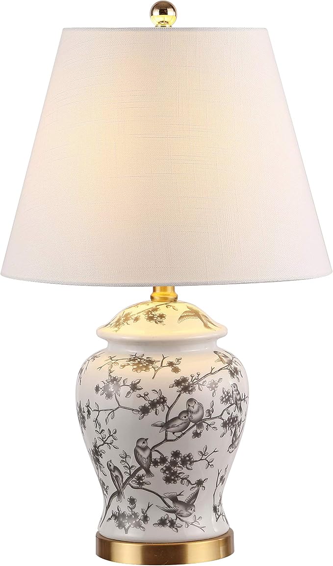 JONATHAN Y Penelope Ginger Jar 22" LED Table Lamp, Gray/White | Chinoiserie, Ceramic Metal Construction, French Country Traditional, Linen Empire Shade, Brass Gold, LED Bulb Included