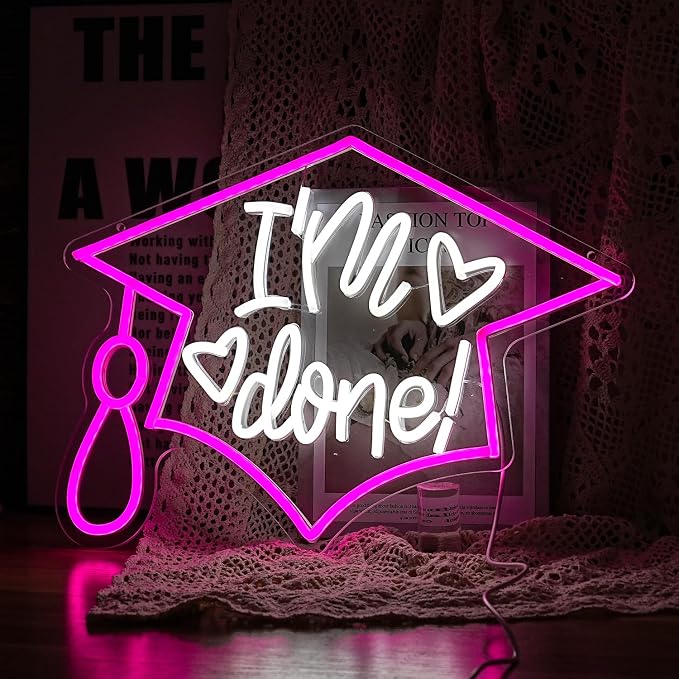 I’m Done Neon Sign LED Bachelor's Cap Light Sign Dimmable Graduation Decor Neon Light USB Powered Congrats Neon Light for Commencement School Graduation Party Wall Decor(16.5 * 12.6 In)
