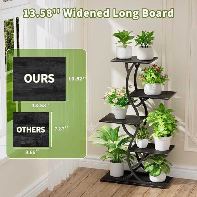 Plant Stand Indoor with Grow Lights - 5 Tiered Corner Plant Shelves (Black) | 44" Tall Metal Plant Shelf, S-Shape Lighted Flower Holder Dispaly Rack for Living Room, Home, Patio, Balcony