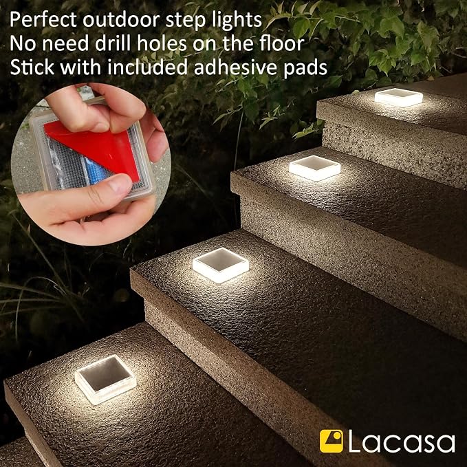Lacasa Solar Deck Lights, 4 Pack 30LM LED Dock Lights Natural White 4000K, Outdoor Solar Powered Step Lights Light up All Night IP68 Waterproof Auto ON/Off for Garden Stairs Driveway Pathway Lighting