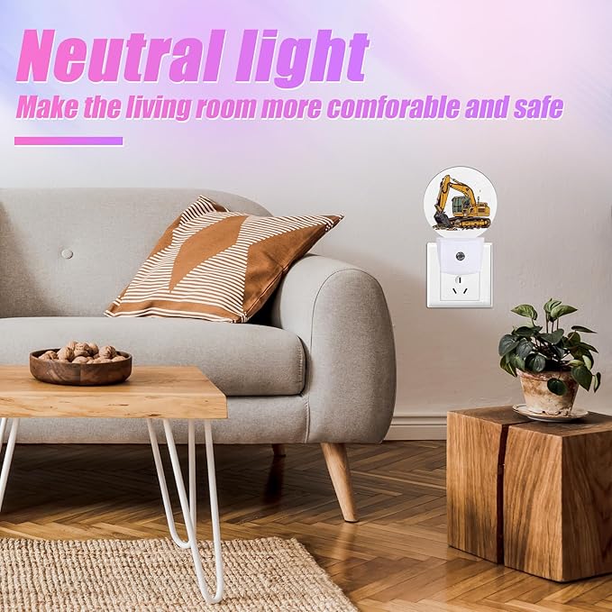Cartoon Excavator Night Light Mechanical Construction Truck Night Lights LED Lamp Round Plug into Wall Nightlight with Dusk to Dawn Sensor Home Hallway Stairway Kitchen Decor