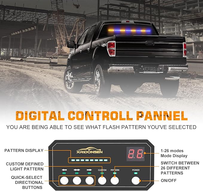 XRIDONSEN 35 inch Amber Blue Traffic Advisor Light Bar 48 LED Emergency Strobe Lights Safety Warning Lights Front/Rear Window w/Display Controller for Firefighter Police Vehicles Trucks