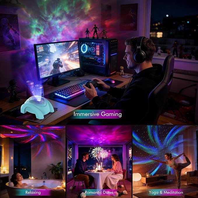 Rossetta Dual Lens Galaxy Star Aurora Projector Night Light for Bedroom | 58 Light Effects, White Noise, Bluetooth Speaker, Music Sync, Remote Control, Timer, Room Decor Gift for Kids Adults Teens