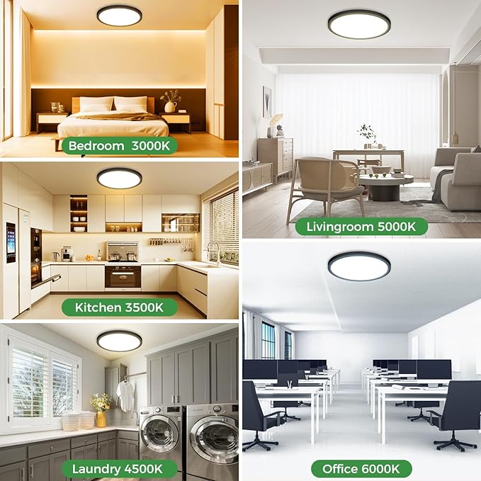 zemty 1Pack 13 inch Black LED Flush Mount Ceiling Lights, Dimmable 5 Color Temp (3000K-6500K), 24W 2400LM Bright Round Light Fixture for Kitchen Bathroom Bedroom Office