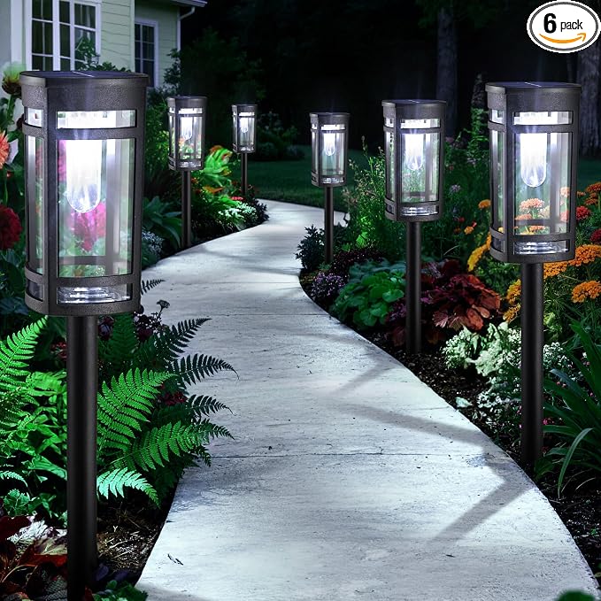 Jyoiat 6 Pack Solar Lights Outdoor, Waterproof Pathway Lights, Cool White | Solar Garden Lights with Auto On/Off for Walkways, Lawns, Paths and Yards; No Wiring Required for Easy Ground Installation
