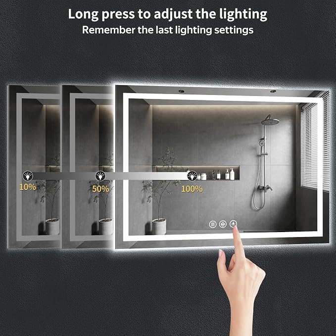 60"x40" LED Bathroom Mirror with Lights, Backlit+Frontlit, Anti-Fog | CRI 95, Stepless Dimmable, 3 Colors Lighting, Shatterproof Tempered Glass, HD Reflection, Memory, (Horizontal/Vertical)