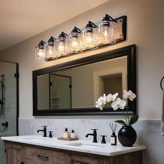 Vanity Lights for Bathroom Large 48 inch, Farmhouse Rustic Vanity Light with Bubble Glass Shades, Gray 6 Light Bathroom Lighting Fixtures Over Mirror, Bath Wall Sconce Home Decor