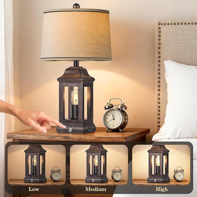 24" Rustic Farmhouse Table Lamps for Living Room, Single Pack Touch Dimmable Nightlight Vintage Bedside Lamps with USB A+C Ports & Dual Light Sources for Bedroom Nightstand End Table, Antique Black