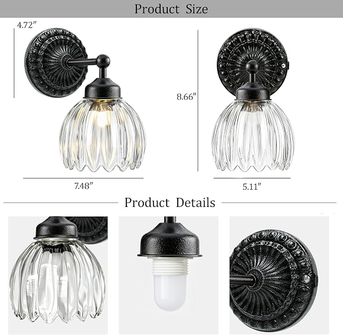 Battery Operated Wall Sconce, Vintage Wall Light, 2 Pack, Clear Tulip Glass | Black Metal Base, 5200mAh Rechargeable, Dimmable LED, Remote Control, Cordless, Bedside, Bedroom, Doorway, Living Room