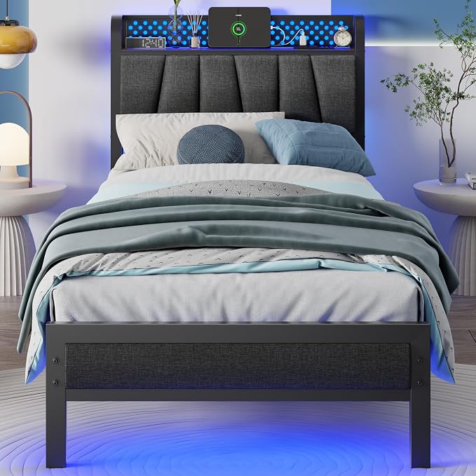 Twin Size Bed Frame with Storage Shelf and Upholstered Headboard | Metal Platform Bed with LED Light, Charging Station and Heavy Duty Slats, No Box Spring Needed, Noise Free & Easy Assembly