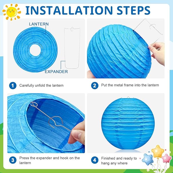 16 Pcs Paper Lanterns Hanging Round Blue Paper Lantern Decorative 6" 8” 10”12" Four Colors Chinese Lanterns for Birthday Wedding Party Decoration Baby Showers Valentine Indoor Outdoor