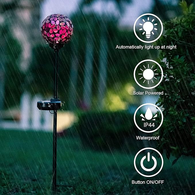 VCUTEKA Decorative Solar Garden Lights, 3.5" Mosaic Globe Outdoor Stake | Mosaic Glass Globe Design, Solar LED Light, Waterproof Design, Auto On/Off and Metal Stake Design for Lawn and Patio