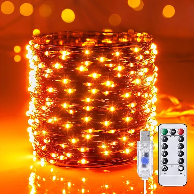 Halloween USB Fairy Lights Plug in, 33Ft 100 LED Twinkle String Lights with Remote and Timer, Waterproof 8 Modes for Bedroom Home Party Ghost Haunted House Indoor Outdoor Decorations, Orange