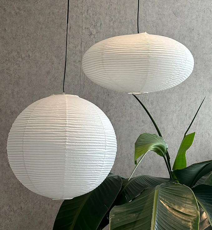 2 PCS Chinese Paper Lanterns White Lampshade, 16inch Large Round and 18inch Oblate Pendant Lamp Shade, Rice Paper Lampshade Ceiling Foldable Light Shade for Interior Home Decoration