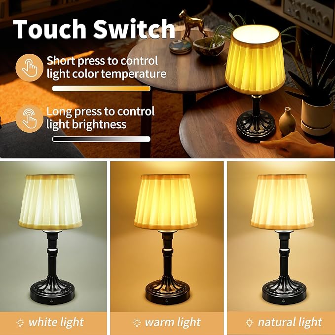 Mr.White Set of 2 Rechargeable Cordless Table Lamp with Fabric Shade, 5200mAh Battery Operated LED Table Light, for Restaurant Kitchen Patio Dinner Dining (Black)