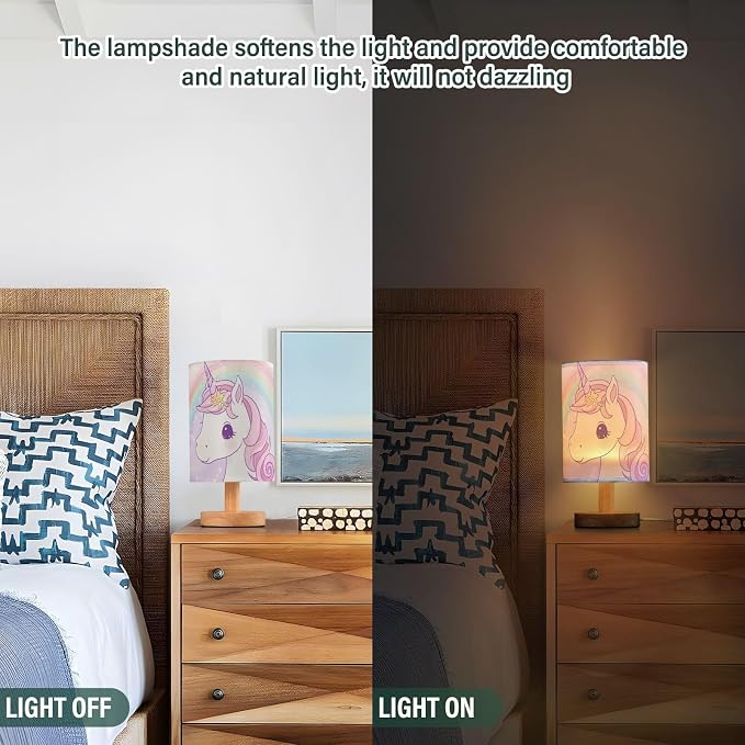 Pink Unicorn with Rainbow Hearts Bedside Table Lamps with USB Port for Bedroom Lamp Accent Table Lamp Small Nightstand Lamp Sturdy Linen Shade Wooden Base Decorative Lamps for Kids Reading Dorm Home