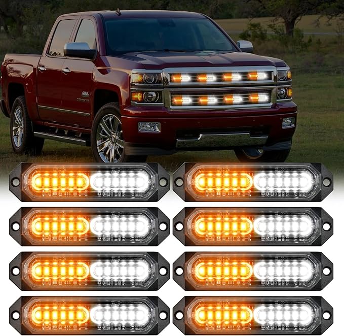 Nilight 8PCS Led Strobe Lights 12LED Amber White Emergency Light 12V 24V Surface Mount Flashing Warning Hazard Beacon Lights Ultra Slim Sync Feature Mini Grille for Cars Trucks Off Road Vehicles SUV