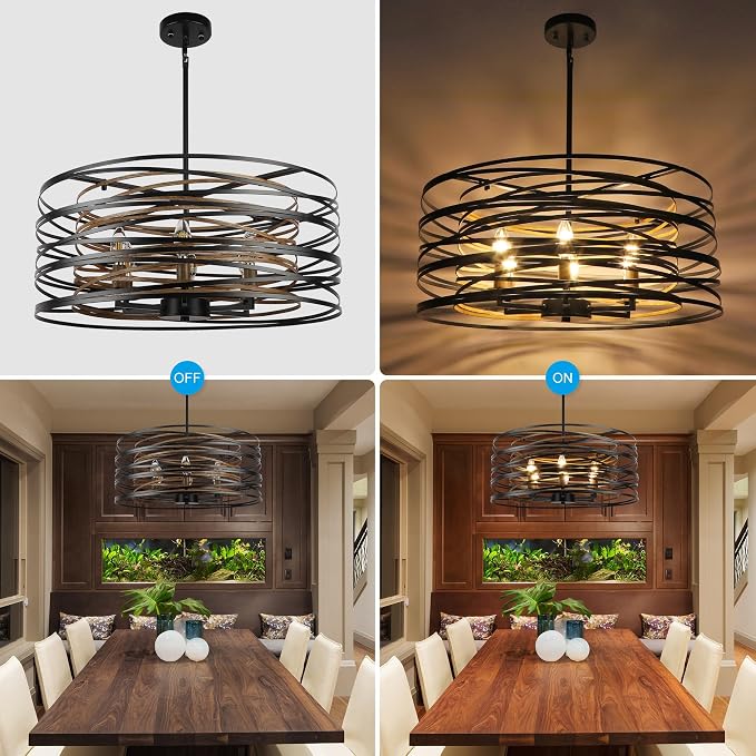 ACNKTZ 23.6'' Rustic Large Drum Chandeliers for Dining Room, 6-Light Modern Farmhouse Lighting for Kitchen Island, Retro Round Entryway Light Fixture, Black with Retro Wood Texture Interior
