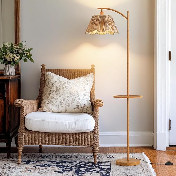 63.5" Floor Lamp with Table for Living Room, Boho Rattan Standing Lamps with Foot Switch, Farmhouse Floor Lamp for Bedroom, Arc Tall Lamp with Metal Base&Pole, Bulb not Included, Woodgrain