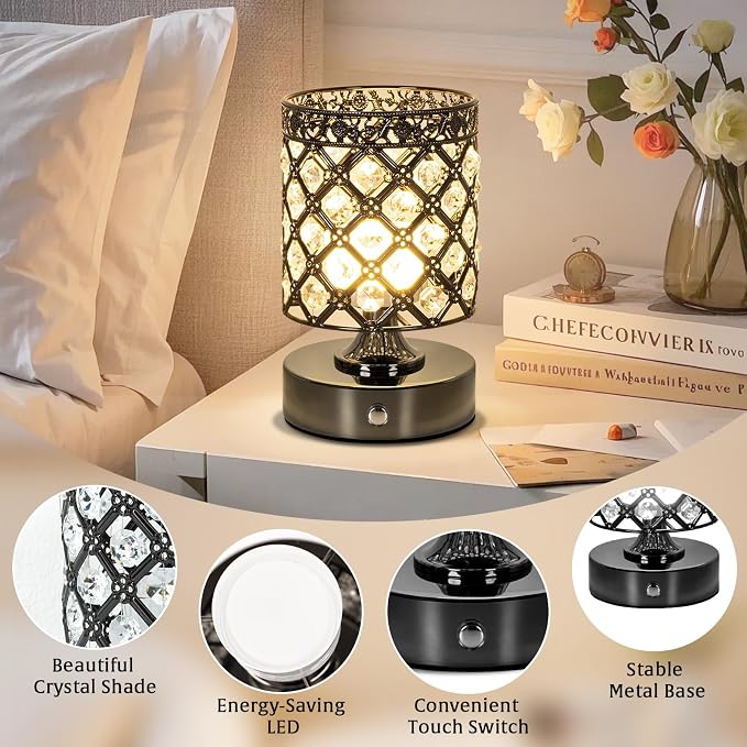 Black Small Crystal Rechargeable Cordless Table Lamps Set of 2 | 6000mAh Battery, 3 Color Temps, Stepless Dimming, Touch Control, Portable Wireless Night Light for Bar Bedroom Living Room