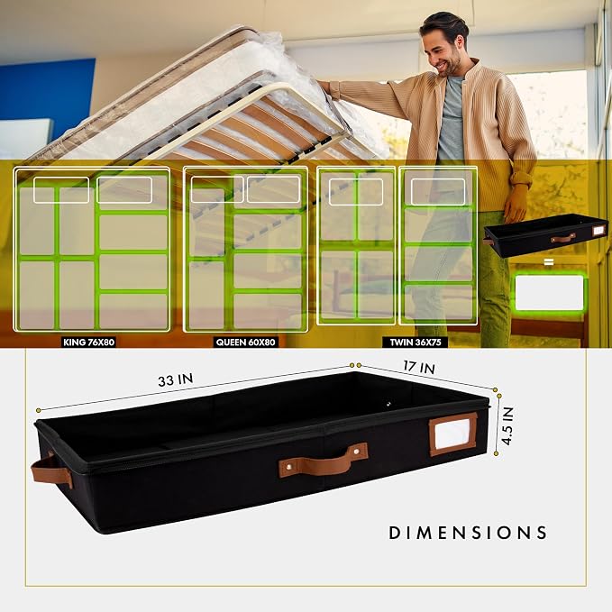 Under Bed Storage, Low Profile 2pc with Lid, Black | Slim fit for low-clearance beds & couches, Fits seasonal clothes, blankets & shoes, Bins with lids, Space-saving storage