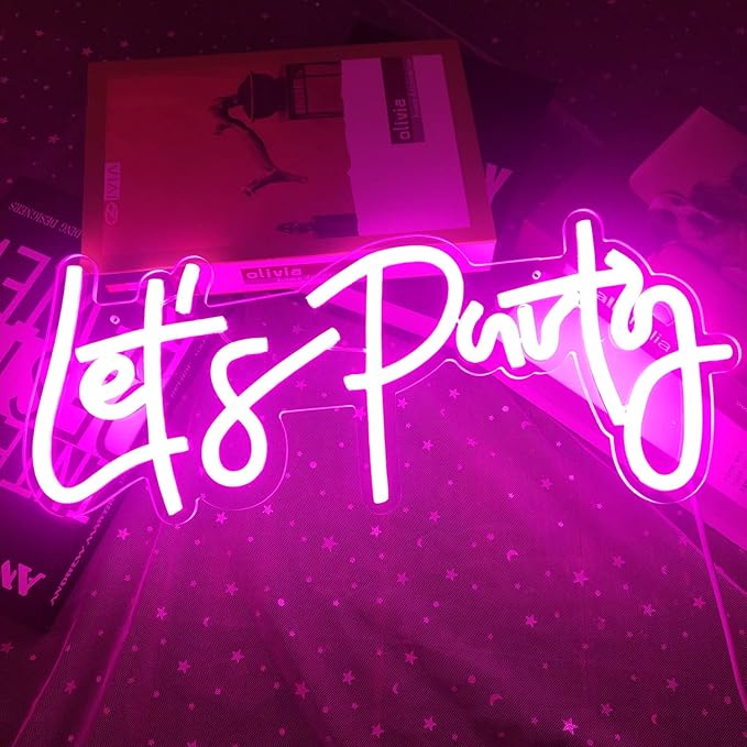 Ajoyferris Let's Party Neon Signs Neon Light Sign for Wall Decor 16''x 7'' Word LED Neon Sign Art Decorative Lights for Bachelorette Party, Engagement Party, Birthday Party,Wedding Party Pink