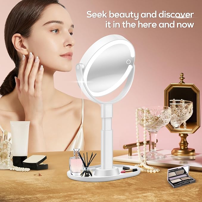 Vanity Mirror with Lights, 30X Magnifying Makeup Mirror with 3 Lighting and Adjustable Brightness, Rechargeable 2-Sided Height Adjustable Desk Mirror for Bathroom, Women Gifts for Mom
