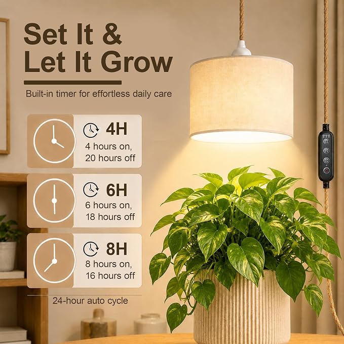 2 Pack Hanging Grow Light for Indoor Plants, Full Spectrum LED | with Timer, 3500K Decorative Hanging Lamp, 19.68FT Power Cord, For Living Room Bedroom Office Plant Shelf