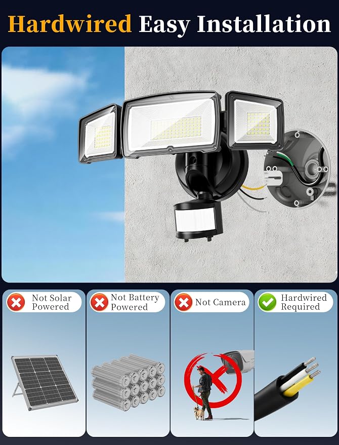 100W 11000LM Security Lights Outdoor with Remote Control, 6500K Daylight LED Flood Light, IP66 Waterproof, Dusk to Dawn, 3 Head Motion Detected for Garage, Yard
