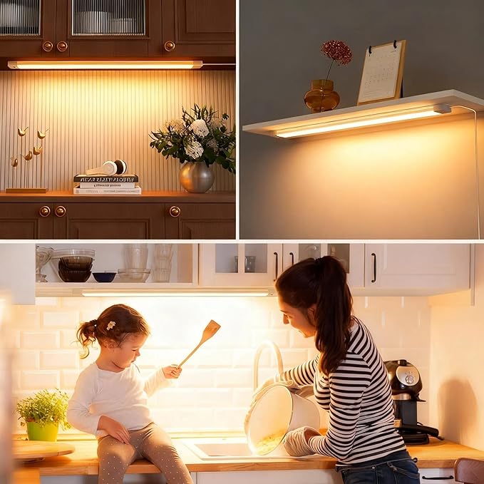 2Pcs 16 Inch Under Cabinet Lights with Hand Wave, Under Counter Lighting 3000K Warm White,Dimmable,Plug and Play,LED Lights for Kitchen Cabinet, Cupboard, Closet, Desk
