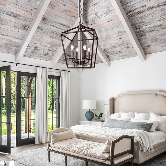 Oil-Rubbed Bronze Rustic Chandelier, Foyer Lighting Fixture for Dining Room | Industrial Kitchen Lantern chandelier Over Table, Pendant Island Ceiling Light for Entryway, Metal Cage Adjustable Height
