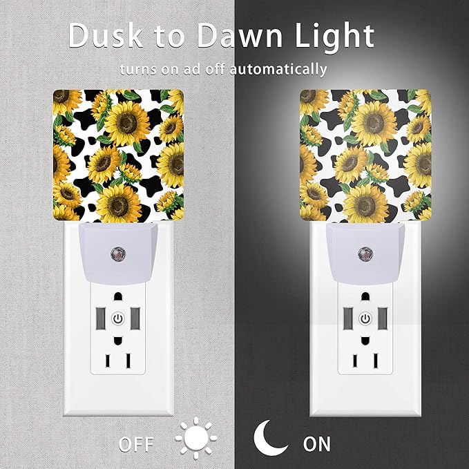 Sunflowers Night Light,Cow Print Night Lights Plug into Wall Dusk to Dawn Sensor Led Lamp for Women Men,Led Lights for Stairway/Hallway/Bedroom,0.5W